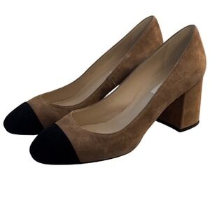 LK Bennett London Suede Cap Toe Block Heel Pumps Tan Black Size 38.5 / 8